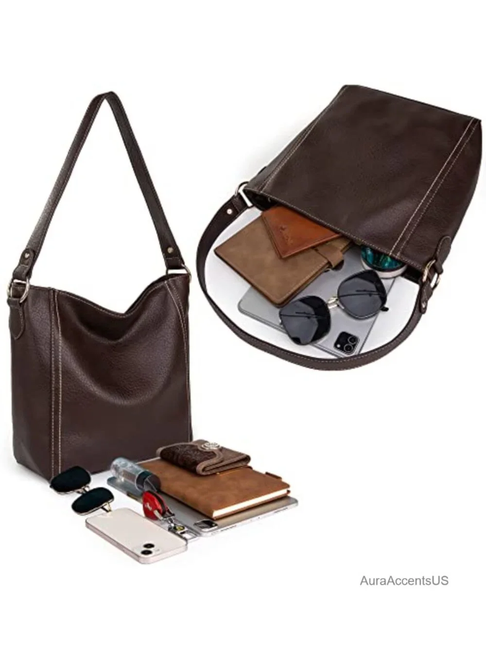 Vegan Leather Hobo Shoulder Bag with Zipper Closure, Multi-Pocket Handbag